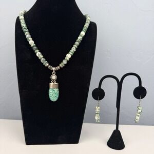 Artisan Sterling 925 Amazonite Pendant Tree Agate Necklace Mother Pearl Set